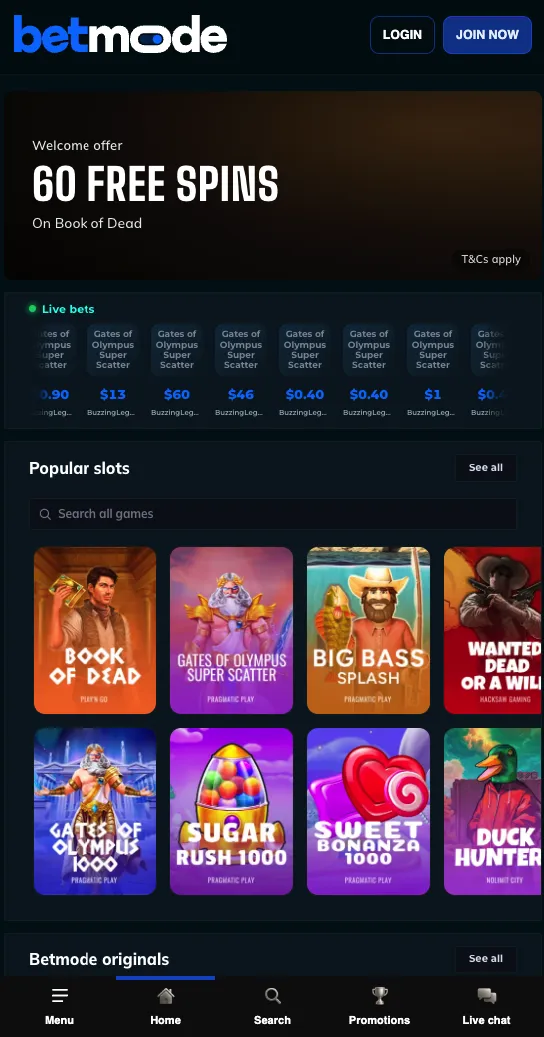 BETMODE casino home page screenshot, September 2026