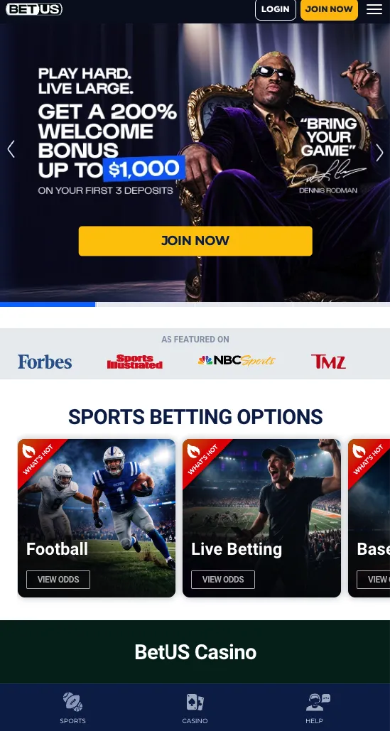 BetUS mobile home page screenshot captured on an iPhone in September 2026.
