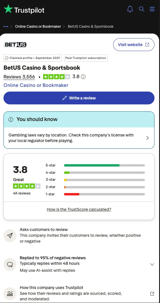 BetUS Trustpilot review screenshot (September 2026 update)