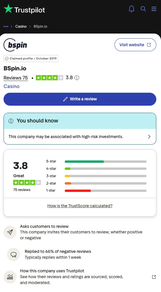 Bspin Trustpilot overview screenshot (September 2026 update)