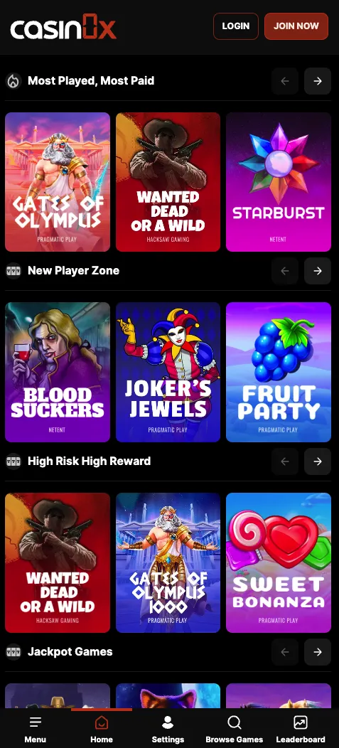 Actual screenshot of the Casin0x home page, captured September 2026.