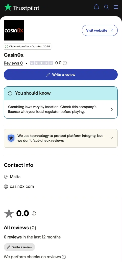 Casin0x Trustpilot profile screenshot (September 2026 update)