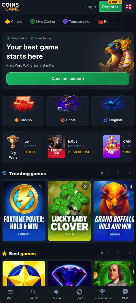 Coins.Game mobile home page screenshot, September 2026 update.
