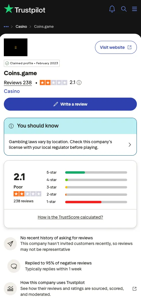 Coins.Game Trustpilot overview screenshot, September 2026
