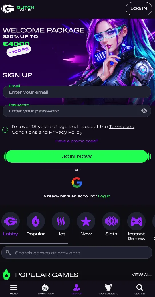 Glitchspin Casino mobile home page screenshot, September 2026