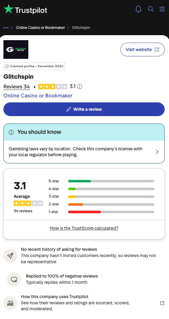 Glitchspin Trustpilot overview (September 2026 update)