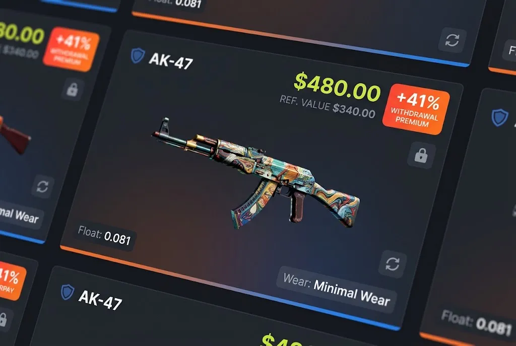 A close-up of a dark-themed CS2 weapon skin marketplace listing displaying an AK-47 assault rifle skin. The listing prominently shows a sale price of $480.00, well above its listed 'REF. VALUE $340.00'. Directly next to the price, a bright orange-red percentage badge displays '+41% WITHDRAWAL PREMIUM', indicating the extra charge for withdrawing the item.